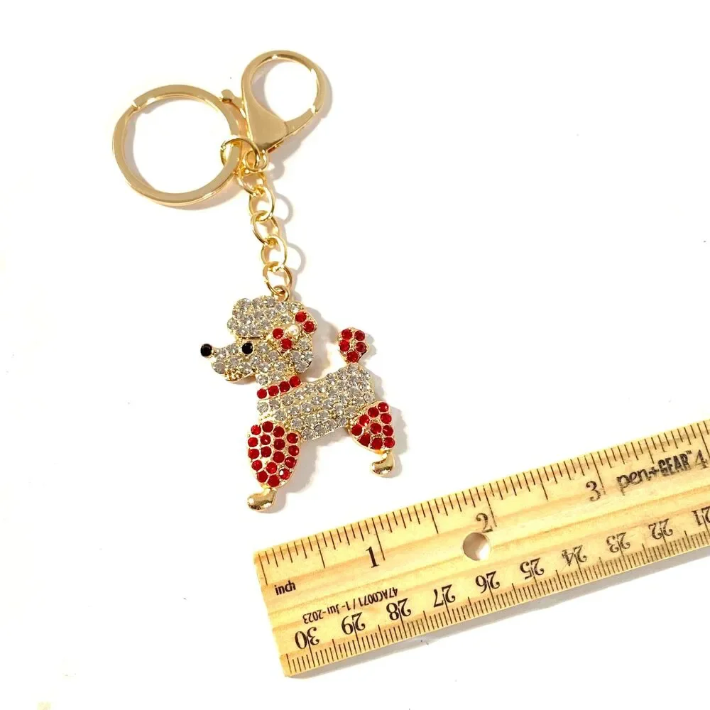 Poodle Rhinestone Charm Keychain Key Holder Multicolor Gold Tone Metal New